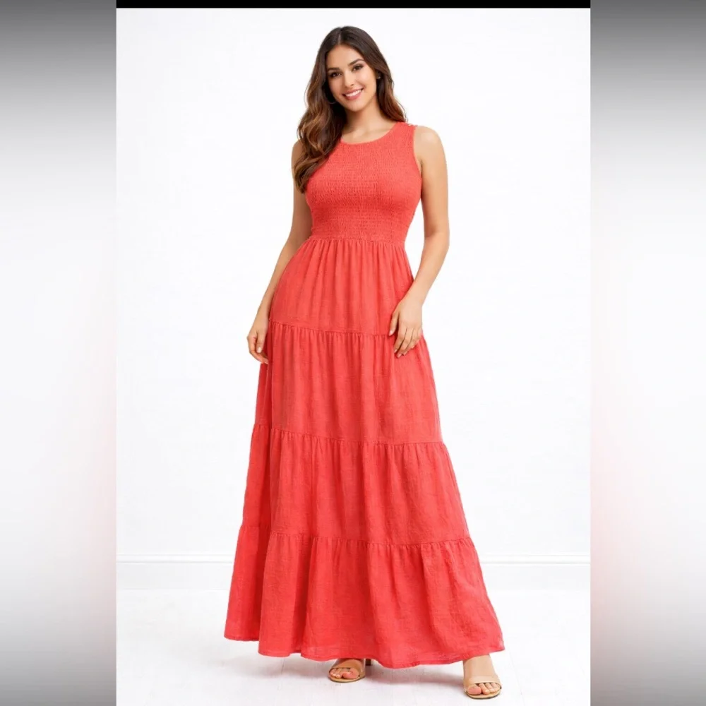 Calvin Klein Coral Smocked Tiered Maxi Dress Sleeveless 100% Cotton